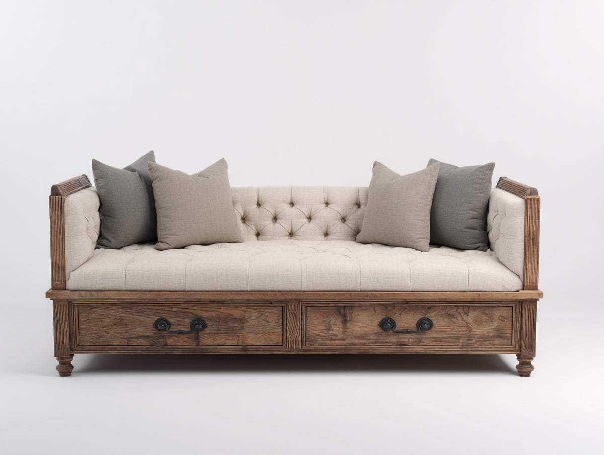 Schlafsofa mit 2 Schubladen 210x95x90 cm - Braun und Beige - Holzrahmen mit Polsterung - Stauraum und Tagesbett Design