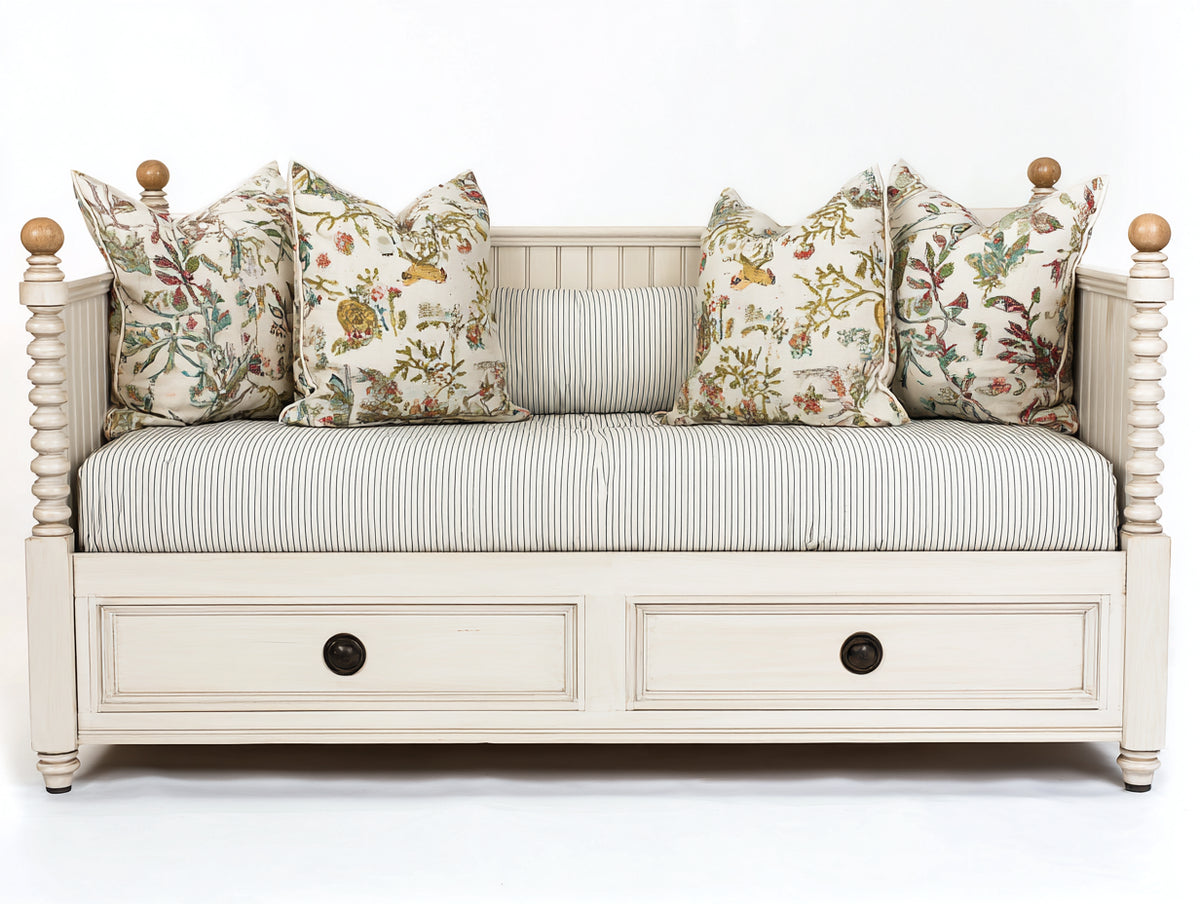 Schlafsofa Holzwerkstoff 205x100x100 cm - Cremeweiß-Braun - Klassisches Landhausdesign mit 2 Schubladen für Gästezimmer