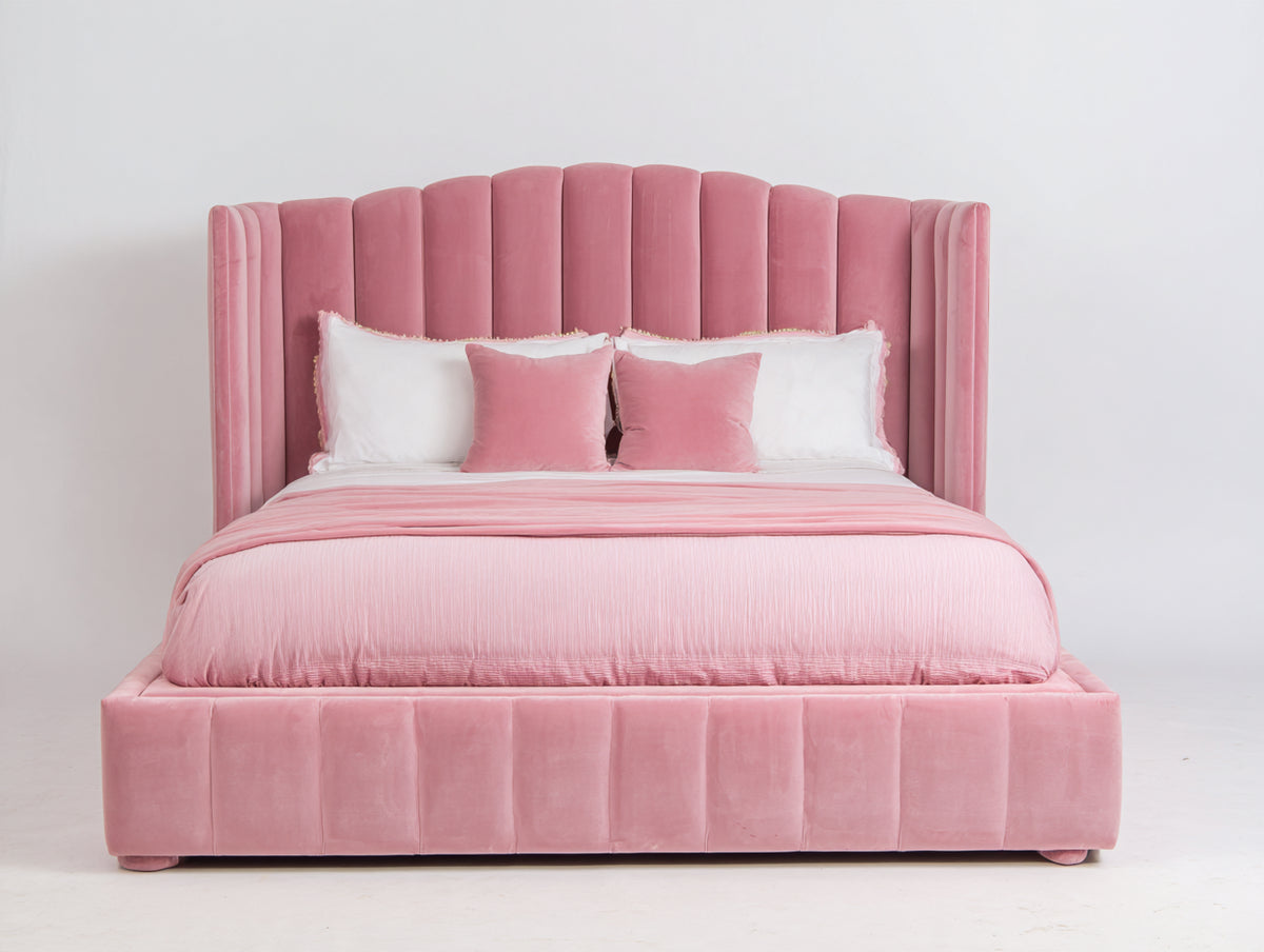 Doppelbett Polsterbett 220 x 190 x 145 cm - Rosa - hohes Flügelkopfteil mit vertikaler Kanalsteppung