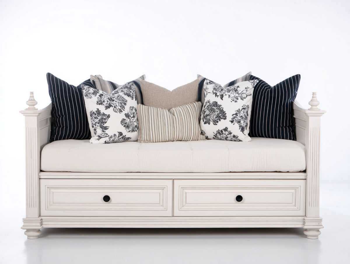 Schlafsofa Holzwerkstoff 205x100x100 cm - Cremeweiß-Schwarz - Klassisches Landhausdesign mit 2 Schubladen für Gästezimmer