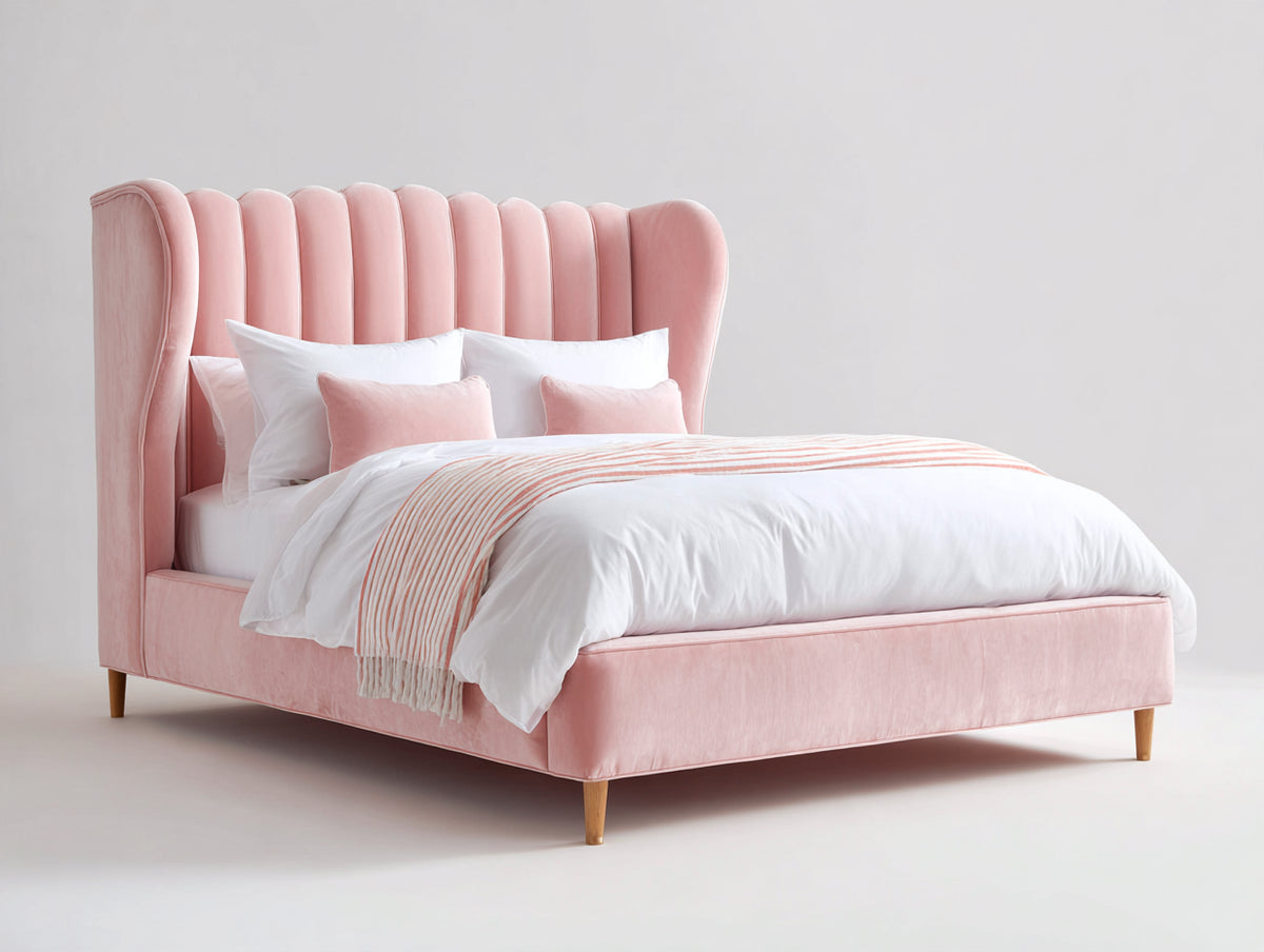 Doppelbett mit Samtbezug 215 x 190 x 145 cm - Rosa - Modernes Polsterbett mit hohem Flügelkopfteil
