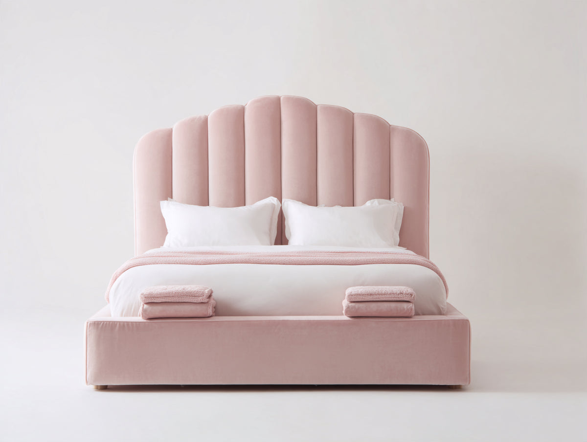 Doppelbett Textilpolster in Samtoptik 215x190x125 cm - Rosa - Modernes Muscheldesign für Schlafzimmer
