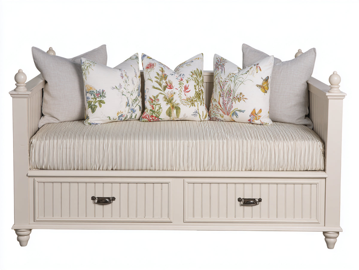 Schlafsofa mit 2 Schubladen 205x95x92 cm - Weiß und Beige - Holzrahmen mit seitlichen Lehnen - Stauraum für Gästezimmer und Wohnbereich