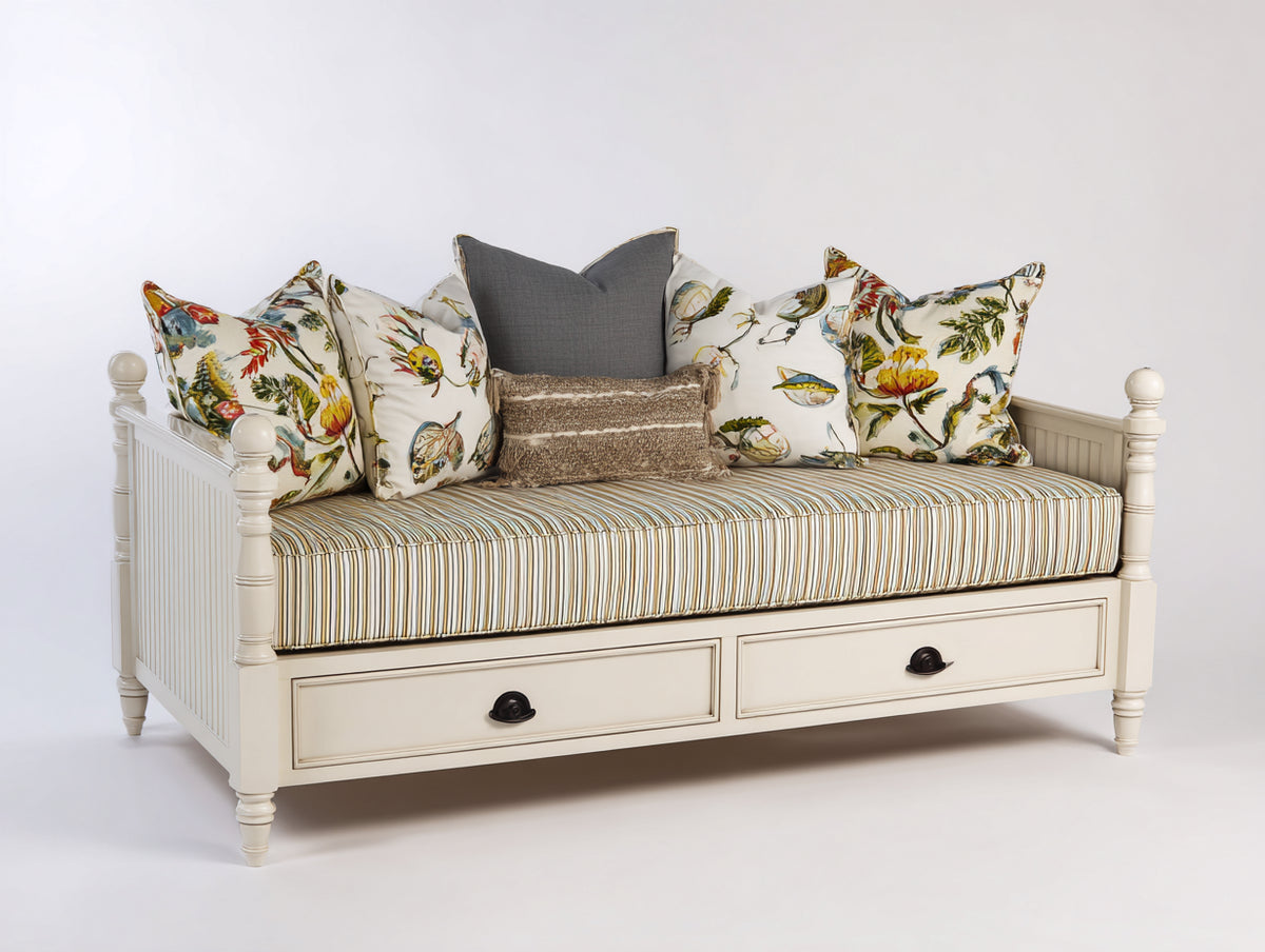 Schlafsofa aus Holz mit Stoffauflage 200 x 95 x 95 cm - Weiß-Mehrfarbig - Mit 2 Schubladen und klassischem Design