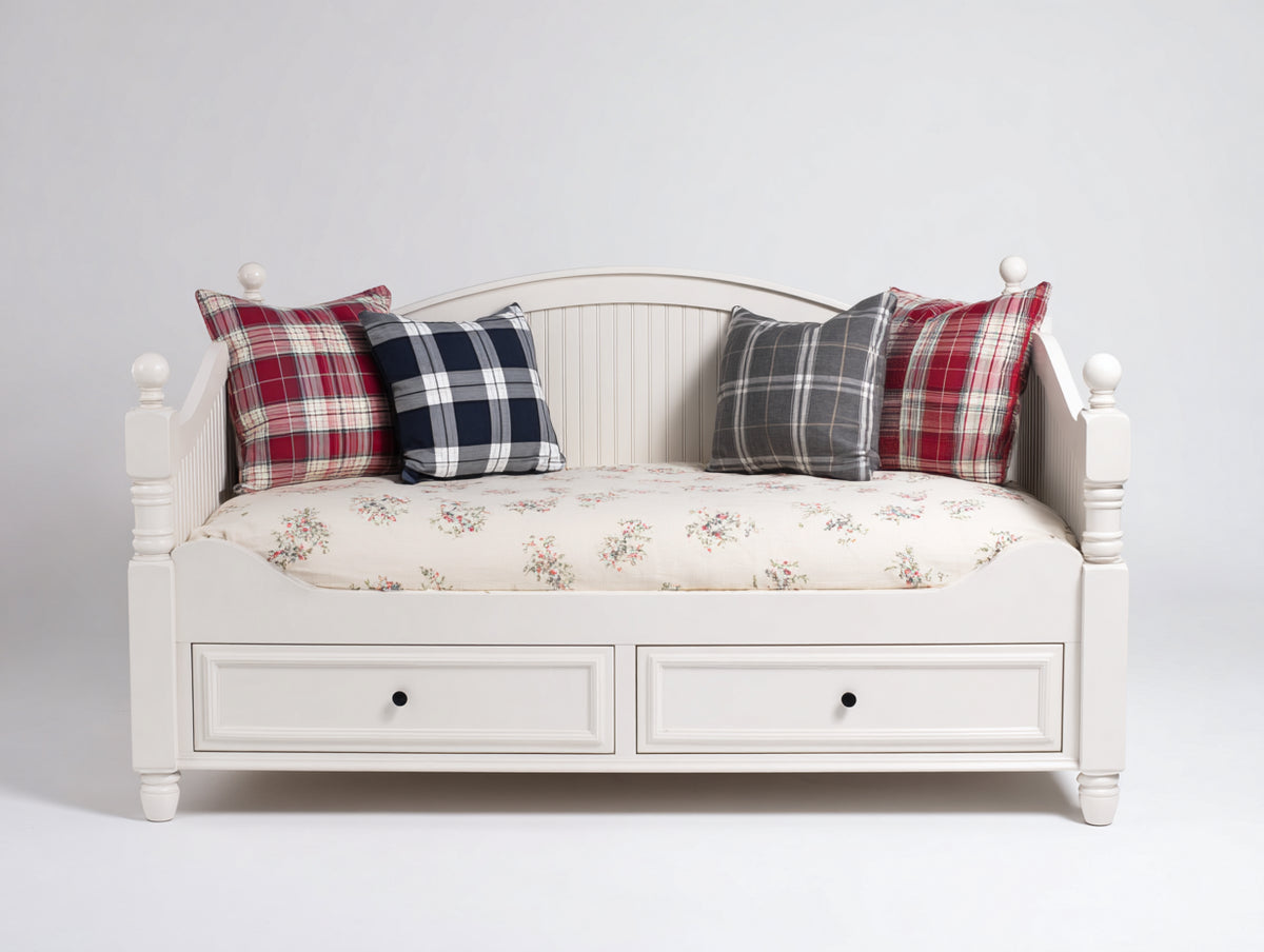 Schlafsofa aus Holz mit Stoffauflage 200 x 95 x 95 cm - Weiß-Mehrfarbig - Mit 2 Schubladen und klassischem Design
