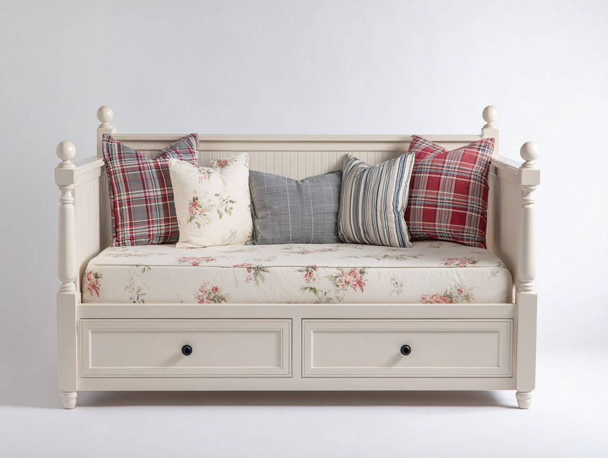 Schlafsofa 200 x 90 x 95 cm - Cremeweiß - Tagesbett mit Holzrahmen und 2 Schubladen