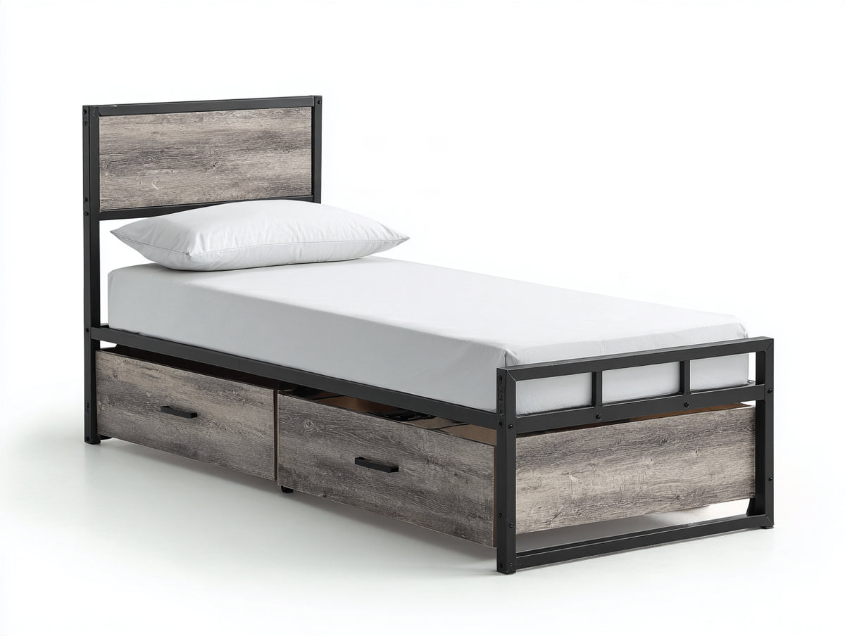 Einzelbett mit 2 Schubladen 205x100x105 cm - Schwarz und Grau - Metallrahmen mit Holzoptik - platzsparendes Stauraumbett